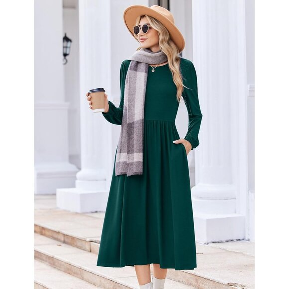 Zeagoo Women Dark Green Long Sleeve Flowy A-Line Boho Long Dress with Pockets - Picture 3 of 6